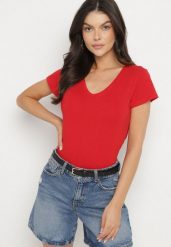 Czerwony T-shirt z Bawełny z Dekoltem w Serek Liniviela. Czerwone t-shirty damskie Born2be, l, bez wzorów, z bawełny, bez kołnierzyka. Za 39.99 zł.