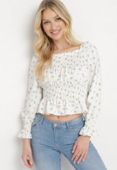 Biało-Zielona Bluzka w Stylu Boho z Gumkami w Pasie i przy Dekolcie Nerassa. Białe bluzki damskie Born2be, bez wzorów, boho, bez kołnierzyka, bez ramiączek. Za 64.99 zł.