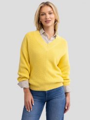 Sweter damski z wiskozy z dekoltem v-neck żółty Cyntiana 200. Żółte swetry klasyczne damskie Big Star, l, z wiskozy, bez kołnierzyka. W wyprzedaży za 99.99 zł.