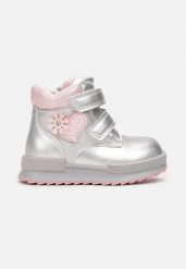 Srebrne Metaliczne Traperki Sneakersy z Ozdobnymi Aplikacjami Zapinane na Rzep Rielara. Szare śniegowce dziewczęce Renee, z aplikacjami, bez ramiączek. Za 59.99 zł.