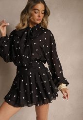 Czarna Sukienka o Rozkloszowanym Kroju z Nietoperzowymi Rękawami i Wiązaniem Mironaria. Czarne sukienki damskie Renee, na co dzień, m, bez wzorów, eleganckie, bez kołnierzyka, bez ramiączek, mini, kopertowe. Za 159.99 zł.