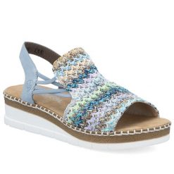 Komfortowe sandały damskie wsuwane niebieskie Rieker V1241-91. Niebieskie sandały damskie Rieker, bez wzorów, z materiału, bez obcasa. Za 319.00 zł.