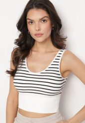 Biało-Czarny Tank Top w Paski z Prążkowanej Tkaniny Sesillia. Białe topy damskie Born2be, s, bez wzorów, z jeansu, bez kołnierzyka. Za 24.99 zł.