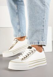 Biało-Złote Casualowe Trampki na Grubej Podeszwie Peliren. Białe trampki i tenisówki damskie Born2be, z aplikacjami, z jeansu. Za 79.99 zł.
