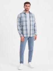 Spodnie męskie jeansowe bez przetarć SLIM FIT - niebieskie V3 - Rozmiar: M. Niebieskie spodnie sportowe męskie Ombre Clothing, z bawełny. W wyprzedaży za 59.99 zł.
