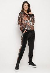 Brązowo-Czarny Welurowy Komplet Dresowy w Panterkę Bluza i Spodnie z Lampasami oraz Gumką w Pasie Ivalethe. Brązowe bluzy bez kaptura damskie Born2be, z dresówki. Za 119.99 zł.