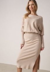 Beżowa Dzianinowa Sukienka z Wiskozą o Nietoperzowym Kroju z Dekoltem w Łódkę Tisan. Brązowe sukienki damskie Born2be, na co dzień, m, bez wzorów, z dzianiny, bez kołnierzyka, bez ramiączek, midi. Za 169.99 zł.