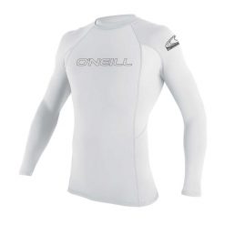 Koszulka ONEILL BASIC SKINS L/S RASH GUARD. Białe bluzki damskie O'neill, l, bez wzorów, sportowe, bez kołnierzyka, bez ramiączek. Za 194.50 zł.