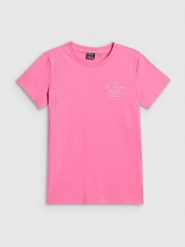 4F T-shirt regular z nadrukiem damski - różowy XL. Czerwone t-shirty damskie 4f, xl, bez wzorów, z bawełny, bez kołnierzyka. Za 59.99 zł.