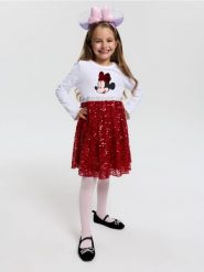Sukienka z cekinową spódnicą i nadrukiem Minnie Mouse - wielobarwny. Sukienki dziewczęce Sinsay, bez wzorów, bez ramiączek. Za 39.99 zł.