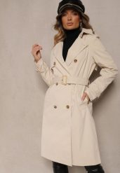 Beżowy Dwurzędowy Płaszcz Trencz z Paskiem i Elegancką Klapą Fireti. Brązowe płaszcze damskie Renee, l, bez wzorów, z jeansu, biznesowe. Za 179.99 zł.