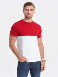 T-shirt męski bawełniany dwukolorowy - czerwono-biały V6. Czerwone t-shirty męskie Ombre Clothing, m, bez wzorów, z bawełny, bez kołnierzyka. W wyprzedaży za 19.99 zł.
