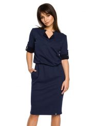 Be Wear Sukienka w kolorze granatowym rozmiar: S. Niebieskie sukienki damskie Be Wear, na co dzień, s, bez wzorów, z bawełny, bez kołnierzyka, bez ramiączek, midi, proste. Za 153.71 zł.