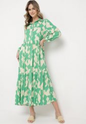 Zielono-Beżowa Rozkloszowana Sukienka Maxi Koszulowa z Geometrycznym Wzorem Pholimena. Zielone sukienki damskie Born2be, na co dzień, l, bez wzorów, bez kołnierzyka, bez ramiączek, maxi, koszulowe. W wyprzedaży za 87.99 zł.
