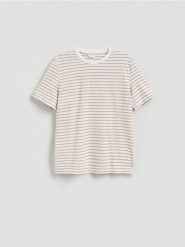 T-shirt regular w paski - beżowy. Brązowe t-shirty męskie Reserved, l, bez wzorów, z bawełny, bez kołnierzyka. Za 69.99 zł.