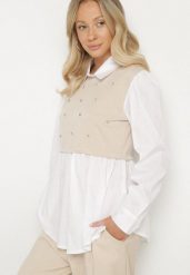 Beżowa Rozkloszowana Bluzka Koszulowa z Wiskozą z Wszytą Kamizelką z Cyrkoniami Uliaviela. Brązowe bluzki damskie Born2be, bez wzorów, z jeansu, eleganckie, bez kołnierzyka, bez ramiączek. Za 84.99 zł.