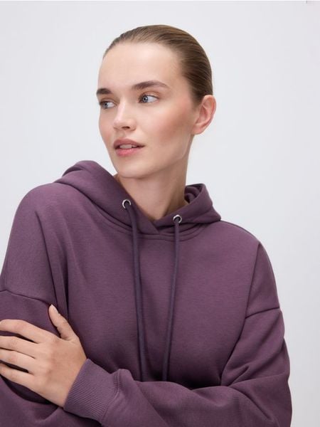 Bawełniana bluza z kapturem - ciemnofioletowy. Fioletowe bluzy z kapturem damskie Reserved, l, z bawełny. Za 159.99 zł.