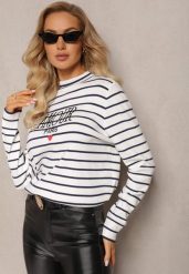 Biały Sweter Golf w Paski z Ozdobnym Haftem Olylla. Białe golfy damskie Renee, bez wzorów, z dzianiny, bez ramiączek. Za 119.99 zł.