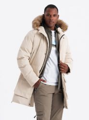 Ocieplana długa męska kurtka parka z rozpinanym dołem – kremowa V1 OM-JALJ-0184 - XXL. Białe kurtki męskie Ombre Clothing, l, z aplikacjami, z gumy. W wyprzedaży za 309.99 zł.