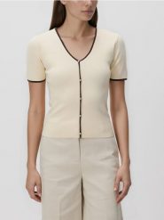 Sweter z kontrastową lamówką - kremowy. Białe swetry klasyczne damskie Reserved, l, z bawełny, bez kołnierzyka. Za 99.99 zł.