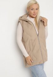 Beżowa Przejściowa Kamizelka z Pikowanymi Przeszyciami i Kapturem Fesolira. Brązowe kamizelki damskie Born2be, plus size, z jeansu. Za 139.99 zł.