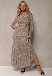 Beżowo-Granatowa Sukienka Maxi Boho Edei. Brązowe sukienki damskie Renee, l, bez wzorów, z tkaniny, boho, bez kołnierzyka, bez ramiączek, maxi, kopertowe. W wyprzedaży za 90.99 zł.
