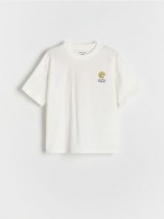 T-shirt z nadrukiem na plecach - złamana biel. Koszulki dziewczęce Reserved, bez wzorów, z bawełny, bez ramiączek. W wyprzedaży za 17.99 zł.