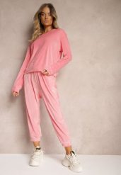 Jasnoróżowy Komplet Dresowy z Weluru Luźna Bluza z Dekoltem w V i Elastyczne Spodnie z Kieszeniami Esparkia. Czerwone bluzy bez kaptura damskie Renee, l, z dresówki. Za 89.99 zł.
