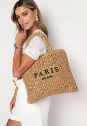 Ciemnobeżowa Pleciona Torebka z Rączką i Napisem Segelia. Brązowe shopper bag damskie Born2be, bez wzorów, bez dodatków. Za 89.99 zł.