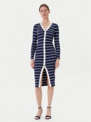 Guess Sukienka dzianinowa W5YK98 Z2YK2 Granatowy Slim Fit. Niebieskie sukienki damskie Guess, l, z aplikacjami, z dzianiny, bez kołnierzyka, bez ramiączek. Za 619.99 zł.