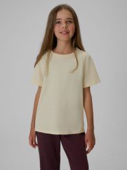 4F T-shirt regular gładki dziewczęcy - kremowy 158 (12-13 lat). Brązowe koszulki dziewczęce 4f, bez wzorów, z bawełny, bez ramiączek. Za 29.99 zł.