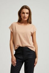 T-shirt z okrągłym dekoltem beżowy. Brązowe t-shirty damskie MOODO, s, bez wzorów, z bawełny, bez kołnierzyka. W wyprzedaży za 19.99 zł.