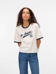 Vero Moda Koszulka w kolorze kremowo-granatowym rozmiar: M. Brązowe bluzki damskie Vero Moda, m, bez wzorów, z bawełny, bez kołnierzyka. Za 61.60 zł.
