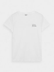 4F T-shirt slim z nadrukiem damski - biały XS. Białe t-shirty damskie 4f, xs, bez wzorów, z bawełny, bez kołnierzyka. W wyprzedaży za 29.99 zł.