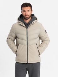 Kurtka męska pikowana z łączonych materiałów z wysokim kołnierzem – beżowa V4 OM-JALP-0172 - XXL. Brązowe kurtki męskie Ombre Clothing, l, z aplikacjami, z gumy, sportowe, bez kaptura. W wyprzedaży za 139.99 zł.