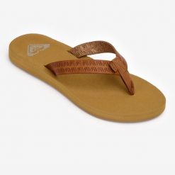 Japonki damskie Roxy Porto. Brązowe klapki damskie Roxy, bez wzorów, ze skóry, bez obcasa. Za 79.99 zł.