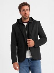 Męska marynarka z odpinaną podpinką i kapturem – czarna V1 OM-BLZB-0126 - XXL. Szare marynarki męskie Ombre Clothing, bez wzorów, z materiału. Za 335.99 zł.
