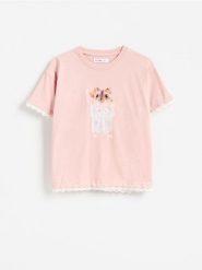 T-shirt z nadrukiem - brudny róż. Czerwone koszulki dziewczęce Reserved, bez wzorów, z bawełny, bez ramiączek. Za 39.99 zł.