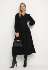 Czarna Sukienka z Wiskozą o Kroju z Gorsetową Talią i Bufiastymi Rękawami Aniste. Czarne sukienki damskie Born2be, na co dzień, l, bez wzorów, z poliesteru, eleganckie, bez kołnierzyka, bez ramiączek, midi, gorsetowe. Za 139.99 zł.