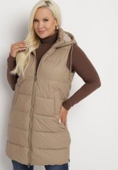 Beżowa Pikowana Kamizelka z Kapturem na Suwak i Napy Timella. Brązowe kamizelki damskie Born2be, plus size, z jeansu. Za 169.99 zł.