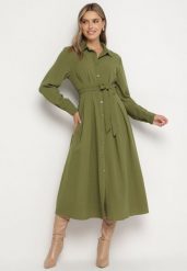 Zielona Sukienka Koszulowa o Rozkloszowanym Fasonie z Materiałowym Paskiem Nerisela. Zielone sukienki damskie Born2be, na co dzień, l, bez wzorów, z materiału, eleganckie, bez kołnierzyka, bez ramiączek, koszulowe. Za 149.99 zł.