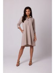 Be Wear Sukienka w kolorze beżowym rozmiar: XXL. Brązowe sukienki damskie Be Wear, xxl, bez wzorów, bez kołnierzyka, bez ramiączek, midi, rozkloszowane. Za 197.63 zł.