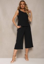 Czarny 2-Częściowy Komplet z Bawełny Luźny Top i Szerokie Spodnie Nezara. Czarne spodnie materiałowe damskie Renee, bez wzorów, z bawełny, eleganckie. Za 49.99 zł.
