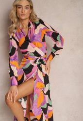 Czarno-Różowa Rozkloszowana Sukienka Midi z Kopertowym Dekoltem z Paskiem i Abstrakcyjnym Wzorem Orabella. Czarne sukienki damskie Renee, l, bez wzorów, eleganckie, bez kołnierzyka, bez ramiączek, midi, kopertowe. W wyprzedaży za 118.99 zł.