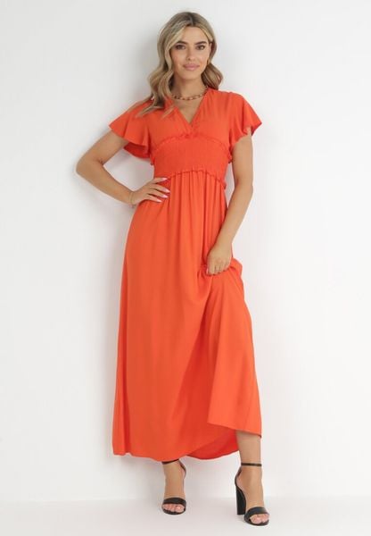 Pomarańczowa Kopertowa Sukienka z Wiskozy z Gumką w Pasie Neroni. Brązowe sukienki damskie Born2be, na lato, l, bez wzorów, z wiskozy, bez kołnierzyka, bez ramiączek, maxi, kopertowe. Za 79.99 zł.