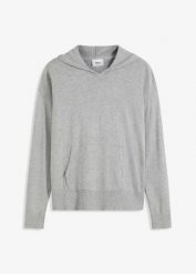 Bluza dzianinowa z kapturem i kieszonką kangurką, z materiału z domieszką wiskozy. Szare bluzy z kapturem damskie bonprix, z dzianiny. Za 149.99 zł.