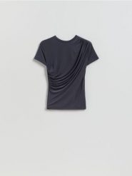 T-shirt z ozdobnym marszczeniem - ciemnoszary. Szare t-shirty damskie Reserved, l, bez wzorów, z dzianiny, bez kołnierzyka. Za 69.99 zł.