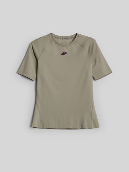 4F Koszulka treningowa slim szybkoschnąca damska - beżowa XL. Brązowe bluzki sportowe damskie 4f, l, ze skóry, bez kołnierzyka, bez ramiączek. Za 99.99 zł.