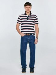 Koszulka męska polo w paski granatowo-biała Seulis 100. Białe koszulki polo męskie Big Star, l, z aplikacjami, z dzianiny, bez ramiączek. Za 139.99 zł.