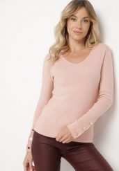 Jasnoróżowy Sweter z Dekoltem V i Ozdobnymi Guzikami na Rękawach Atterisa. Czerwone swetry klasyczne damskie Born2be, m, z jeansu, bez kołnierzyka. Za 89.99 zł.